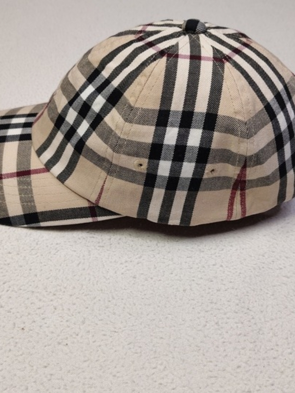 Burberry Beige Nova Check Baseball Cap with Black and Red Stripes